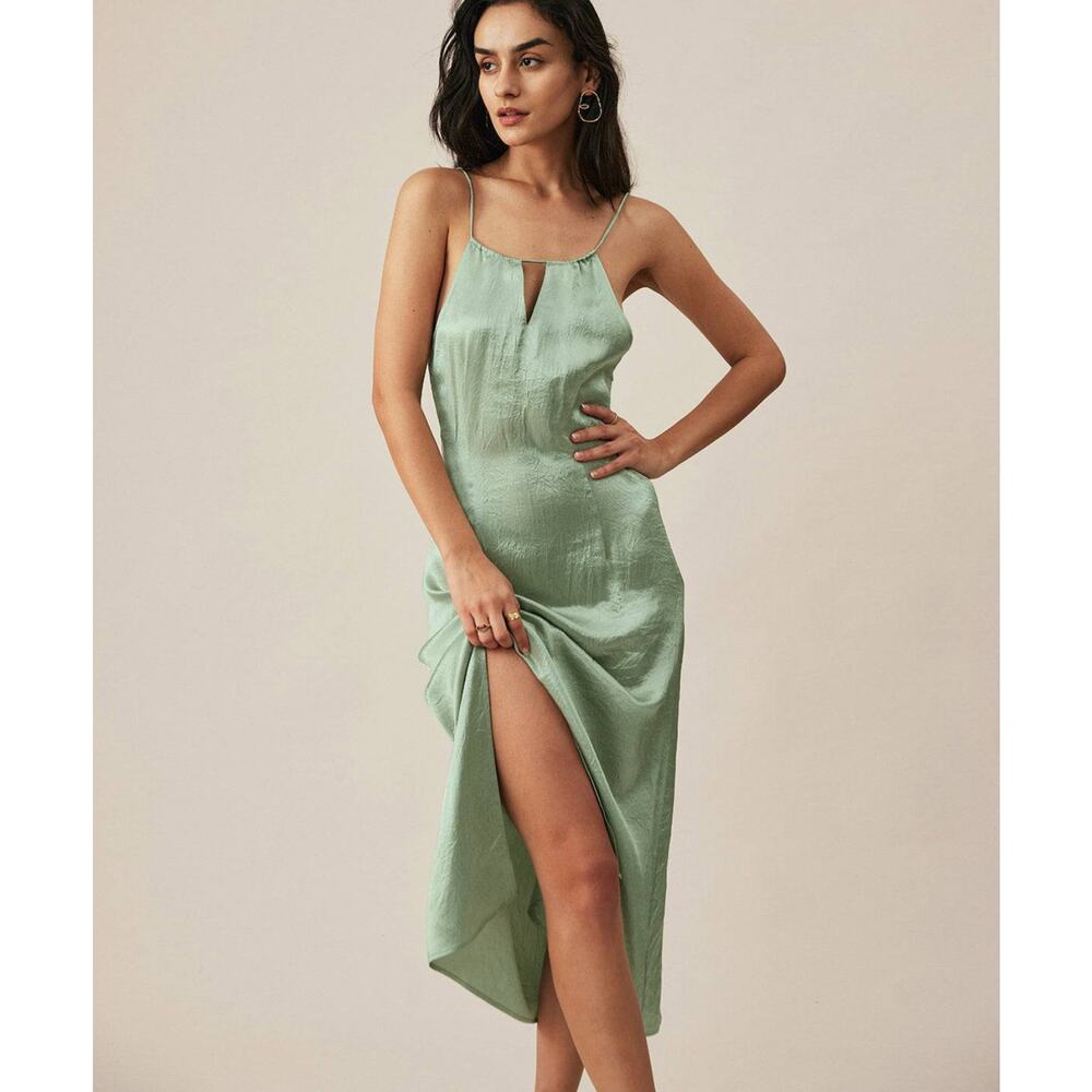 NWT Rihoas Premium Satin Mint Green Halter Maxi Side Slit Dress Sz M